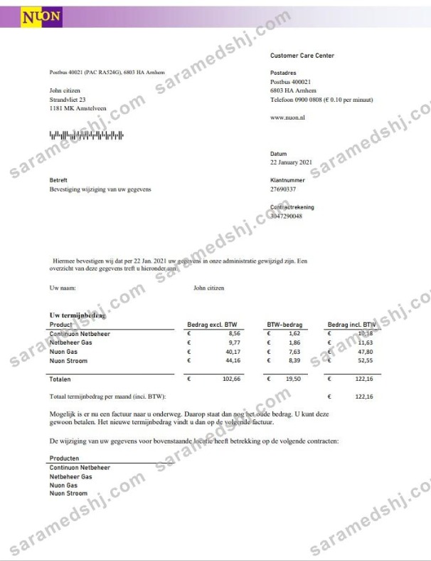 Netherlands NUON gas utility bill template in Word and PDF format in Dutch language